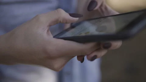 Close Up of Woman's Hands Using Smartphone In sunny coniferous forest. Stock Footage 95808364