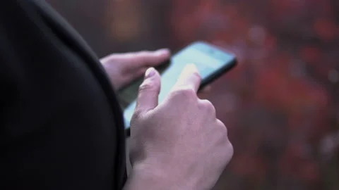 Close Up of Woman's Hands Using Smartphone In Autumn Park. Stock Footage 97643299