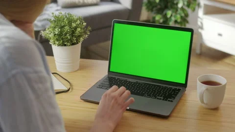 Close-up of a Woman's Hands Working on Green Screen on a Laptop Scrolling Stock Footage 172026004
