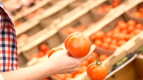 Close-up. Women's hands touch a tomato to determine its quality in the fruit and Stock Footage 107666088
