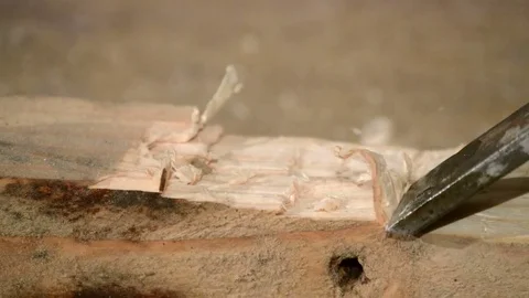 Close up of wood carving with chisel. Stock Footage