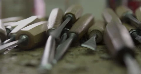 Close up of wood carving tools Stock Footage 142706975