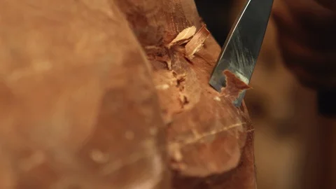 Close up wood chips chipped off by chisel Stock Footage 89594330