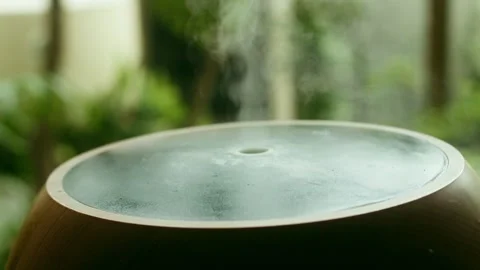 Close up Wood Grain Aroma Diffuser Releasing Steam by a Window. Stock Footage 342535243