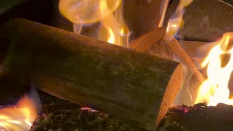 Close Up of Wood Logs Burning in Indoor Fireplace Stock Footage 341852920