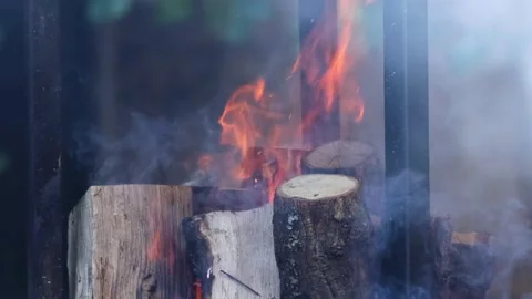 Close Up of Wood Logs Catching Fire with Rising Smoke Stock Footage 326093923