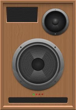 Close-up of a wooden audio speaker with a rectangular port and two round sp.. Illustrazione stock