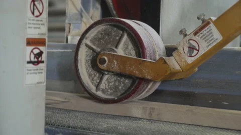 Close Up Of Wooden Board Production Processing Wheel At Manufacturing Workshop Stock Footage 202111466