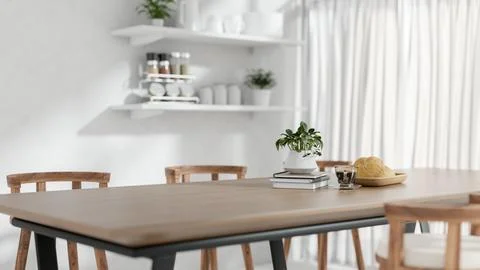 A close-up of a wooden dining table with home decor in a minimalist white d.. Stock Illustration