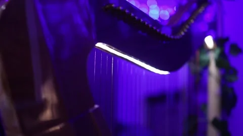 Close-Up of Wooden Harp Strings Illuminated by Purple LED Lights in Modern Stock Footage 338041733