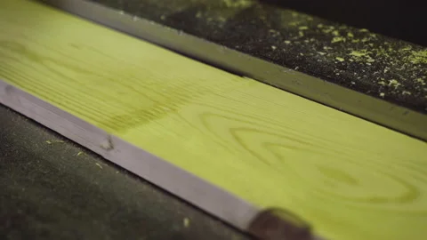 Close Up Of Wooden Plank Pushed To Processing Machine Manufacturing Workshop Stock Footage 159966401
