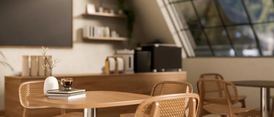 A close-up of a wooden table and armchairs in a cozy contemporary coffee shop Stock Illustration