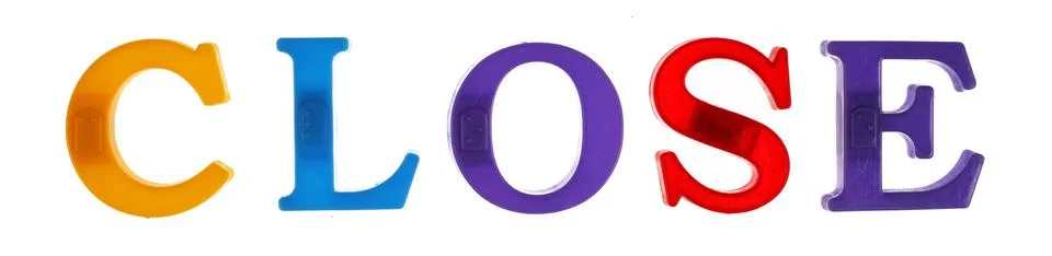 Close word lined with plastic multicolored letters on white background, Stock Photos