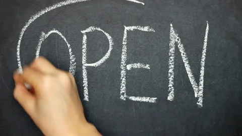 Close up word open, written chalk on the chalkboard. Stroke along the contour Stock Footage 123219839