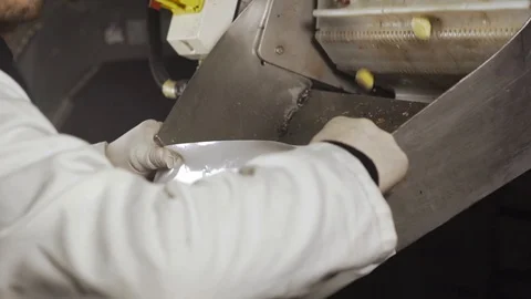 Close up of worker collecting figs from conveyor in slow motion, Portugal Stock Footage 128963606