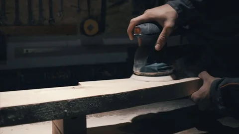 Close-up, worker grinds the wood of angular grinding machine, to make the elm wo 스톡 동영상 78438026