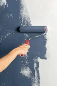 Close up of a worker hand holding paint roller. House renovation process with Stock Photos