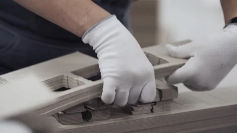 Close up worker hands with gloves squeezes elements out of cardboard mold Vídeos de archivo 150737605