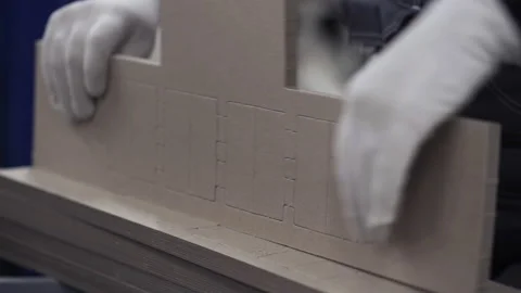 Close up worker hands with gloves squeezes elements out of cardboard mold Stock Footage 150782037