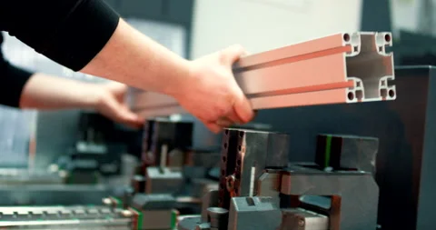 Close up of worker hands placing silver aluminum profile on industrial machine Video stock 329673178
