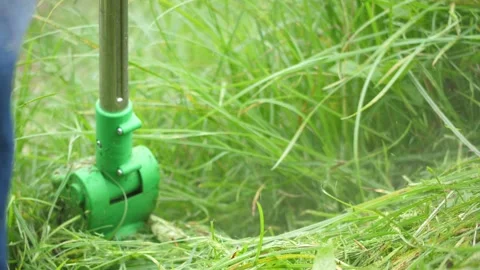 Close up worker mowing grass in the backyard, lawn mower, Stock Footage 140764451
