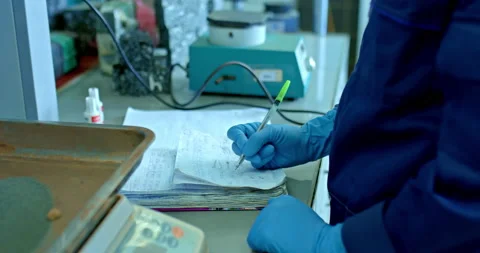 Close-up, a worker in protective gloves fills out a log. Workplace, an employee Stock-Footage 158407341