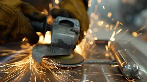 Close up of worker in protective gloves using angle grinder on steel, creating Fotos Stock