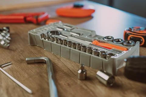 Close up of worker using tools organizer box in the workshop Stock Photos