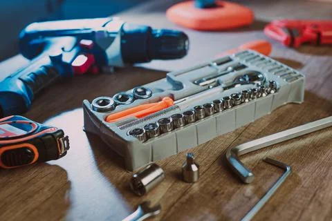 Close up of worker using tools organizer box in the workshop Stock Photos