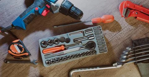 Close up of worker using tools organizer box in the workshop Stock Photos