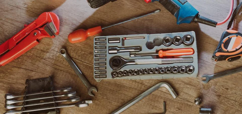 Close up of worker using tools organizer box in the workshop Stock Photos
