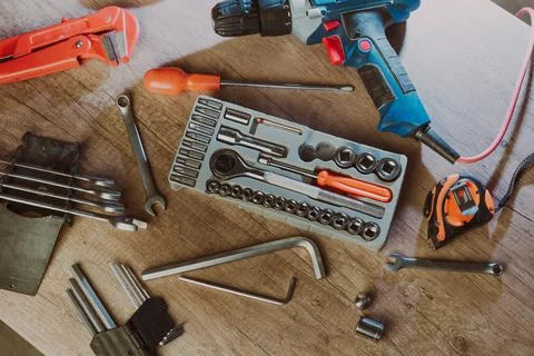 Close up of worker using tools organizer box in the workshop Stock Photos
