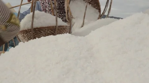 Close-up of Workers Depositing Salt onto a Large Hill Stock Footage 42431824