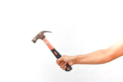 Close up worker's hand holding hammer, isolated against the clean white bac.. Stock Photos