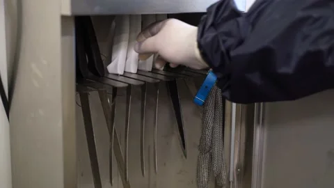 Close-up of a worker's hand picks up a sharp knife for filtering meat Video stock 204773081