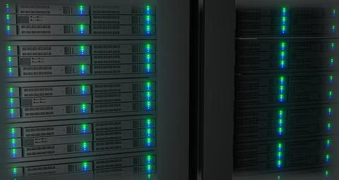 Close up in Working Data Center Full of Rack Servers and Supercomputers. Illustrazione stock