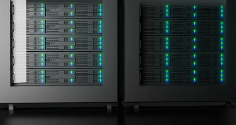 Close up in Working Data Center Full of Rack Servers and Supercomputers. 스톡 일러스트