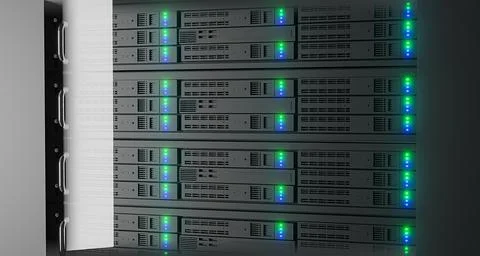 Close up in Working Data Center Full of Rack Servers and Supercomputers. High Illustrazione stock