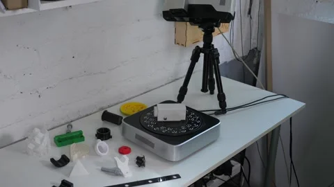 Close-up of a working modern 3D scanner reading data from a plastic object. Stock Footage 311151796