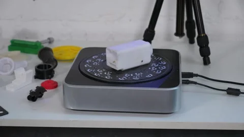 Close-up of a working modern 3D scanner reading data from a plastic object. Stock Footage 311151898