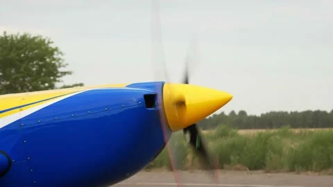 Close-up of a working propeller. retro plane, screw Aircraft, ready to take off Stock Footage