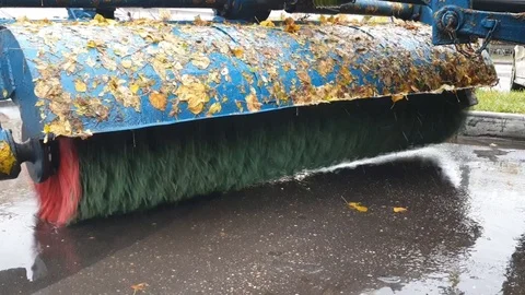 Close-up of a working sweeper brush Stock Footage 117407257