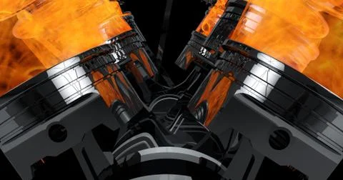 Close Up Working V8 Engine Rendering With Explosions Stock Illustration