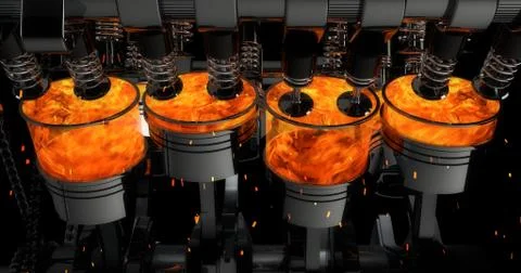 Close Up Working V8 Engine Rendering With Explosions Illustrazione stock