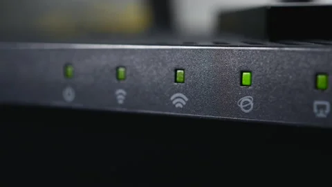 Close Up Working Wi-Fi Router With Powering Lights For Power, Internet, WAN, LAN Video stock 196890792