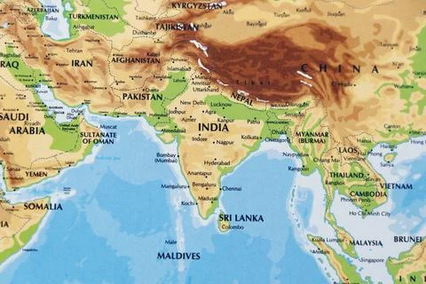 Close up of a world map with asian side, India subcontinental in focus Stock Photos