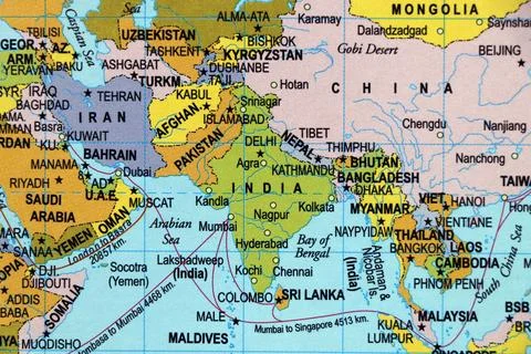 Close up of a world map with asian side, India subcontinental in focus Stock Photos