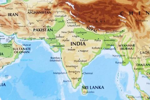 Close up of a world map with asian side, India subcontinental in focus Stock Photos