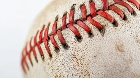 Close-up of a worn baseball with red stitching on a white background Stock Photos
