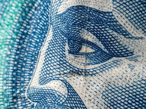 Close-up of a worn blue and white banknote Illustrazione stock